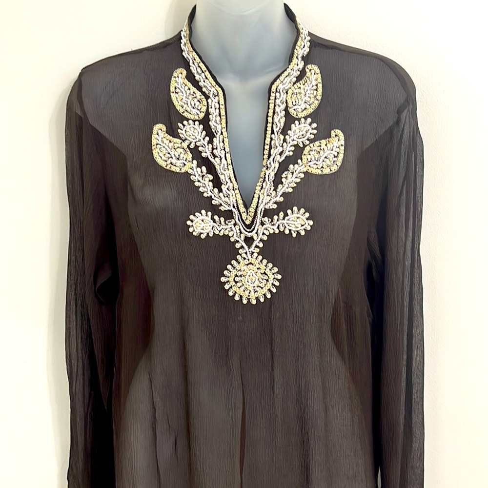 Anne Carson beaded silk top - swim cover L